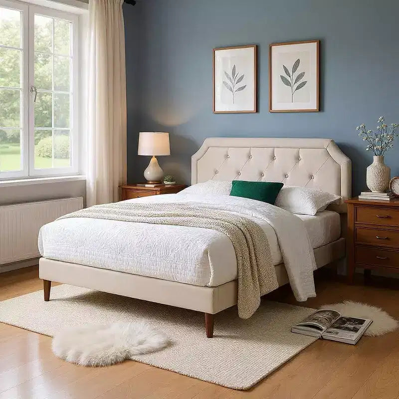 Cadre de lit MAYEERTY - Tête de lit rembourrée, 12 lattes en bois et pied de support central