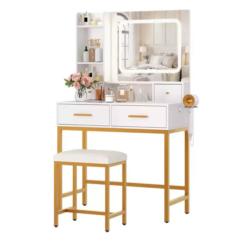 Vanity with mirror and light, 4 drawers and 2 storage shelves, LED light vanity, 3 lighting modes, perfect for the bedroom