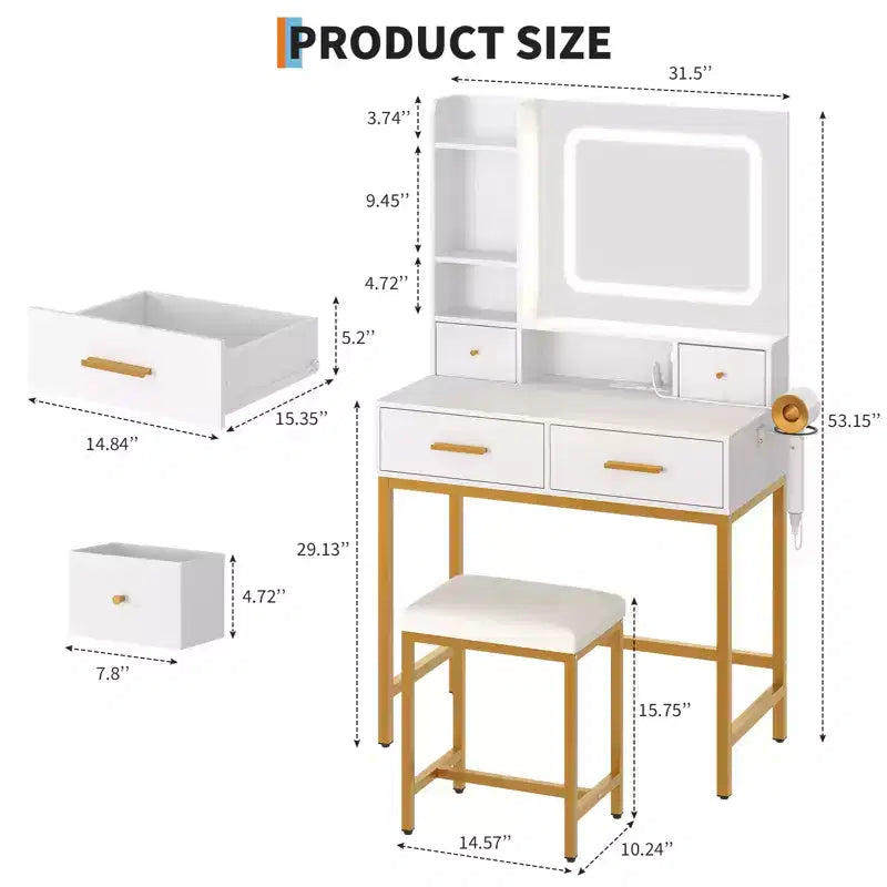 Coiffeuse avec miroir et lumière, 4 tiroirs et 2 étagères de rangement, coiffeuse à lumière LED, 3 modes d'éclairage, parfaite pour la chambre à coucher