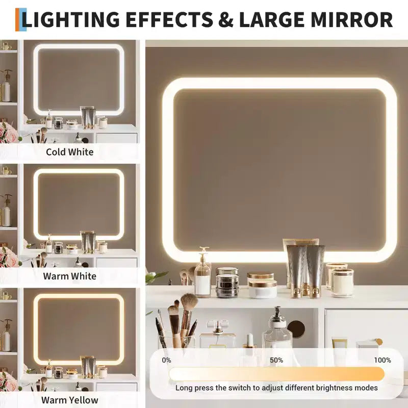 Coiffeuse avec miroir et lumière, 4 tiroirs et 2 étagères de rangement, coiffeuse à lumière LED, 3 modes d'éclairage, parfaite pour la chambre à coucher