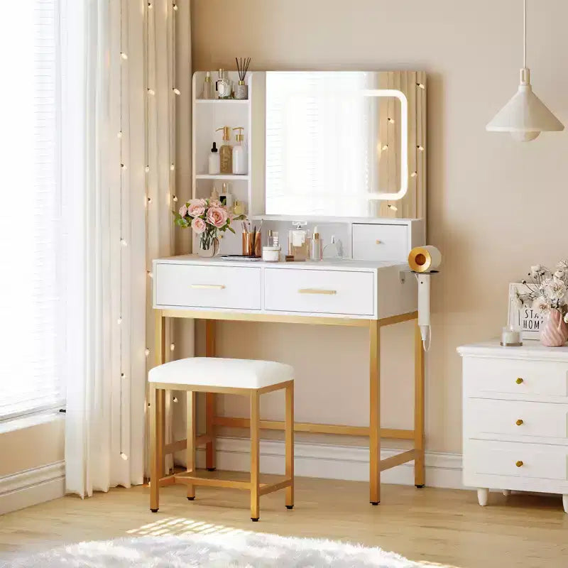 Coiffeuse avec miroir et lumière, 4 tiroirs et 2 étagères de rangement, coiffeuse à lumière LED, 3 modes d'éclairage, parfaite pour la chambre à coucher