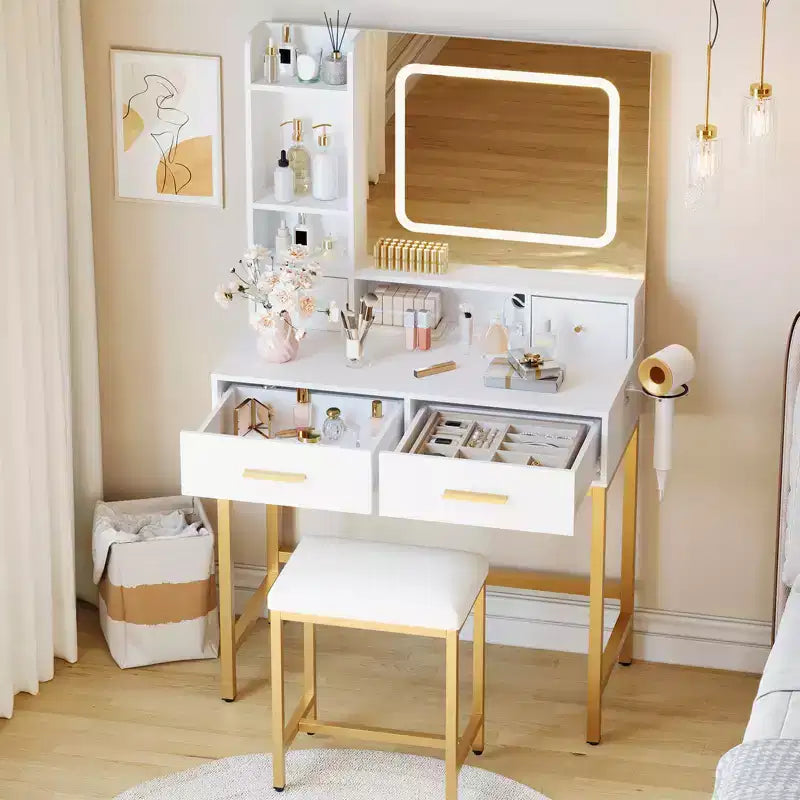 Coiffeuse avec miroir et lumière, 4 tiroirs et 2 étagères de rangement, coiffeuse à lumière LED, 3 modes d'éclairage, parfaite pour la chambre à coucher