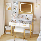 Coiffeuse avec miroir et lumière, 4 tiroirs et 2 étagères de rangement, coiffeuse à lumière LED, 3 modes d'éclairage, parfaite pour la chambre à coucher