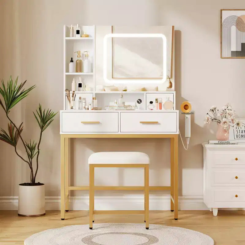 Coiffeuse avec miroir et lumière, 4 tiroirs et 2 étagères de rangement, coiffeuse à lumière LED, 3 modes d'éclairage, parfaite pour la chambre à coucher