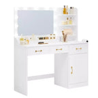 COZONY Vanity Desk with LED Mirror & Power Outlet, Makeup Table with 3 Drawers & Storage Shelves for Bedroom Dressing Room, White