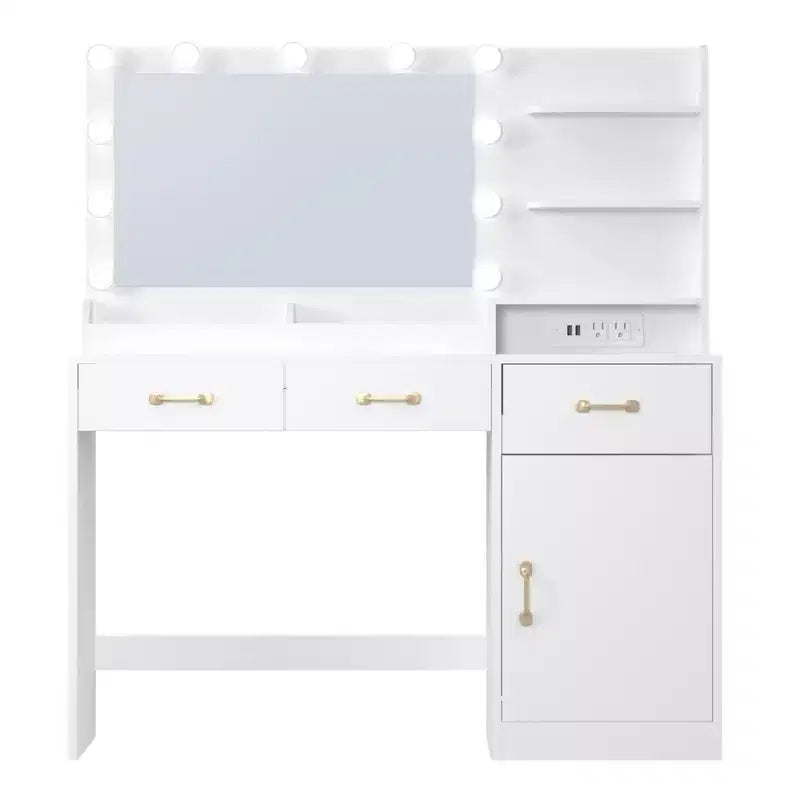 COZONY Coiffeuse avec Miroir LED et Prise Électrique, Table de Maquillage avec 3 Tiroirs et Étagères de Rangement pour Chambre à Coucher, Blanc
