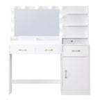 COZONY Coiffeuse avec Miroir LED et Prise Électrique, Table de Maquillage avec 3 Tiroirs et Étagères de Rangement pour Chambre à Coucher, Blanc