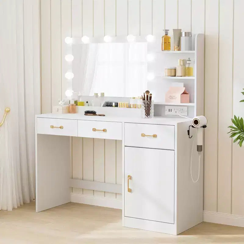 COZONY Coiffeuse avec Miroir LED et Prise Électrique, Table de Maquillage avec 3 Tiroirs et Étagères de Rangement pour Chambre à Coucher, Blanc