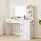 COZONY Coiffeuse avec Miroir LED et Prise Électrique, Table de Maquillage avec 3 Tiroirs et Étagères de Rangement pour Chambre à Coucher, Blanc