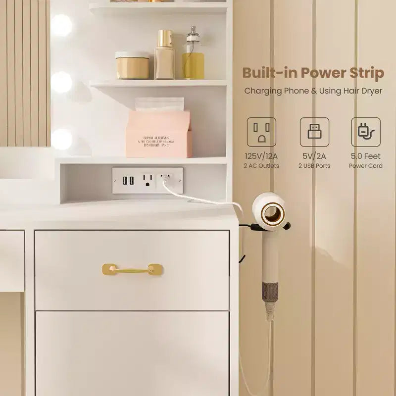 COZONY Coiffeuse avec Miroir LED et Prise Électrique, Table de Maquillage avec 3 Tiroirs et Étagères de Rangement pour Chambre à Coucher, Blanc