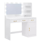 COZONY Coiffeuse avec Miroir LED et Prise Électrique, Table de Maquillage avec 3 Tiroirs et Étagères de Rangement pour Chambre à Coucher, Blanc