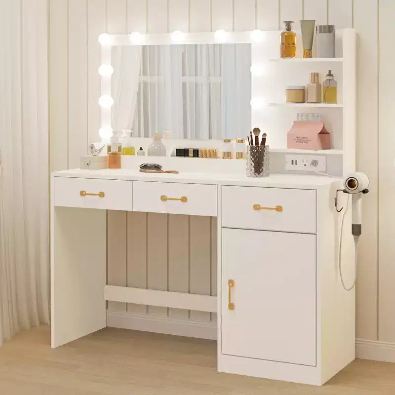 COZONY Coiffeuse avec Miroir LED et Prise Électrique, Table de Maquillage avec 3 Tiroirs et Étagères de Rangement pour Chambre à Coucher, Blanc
