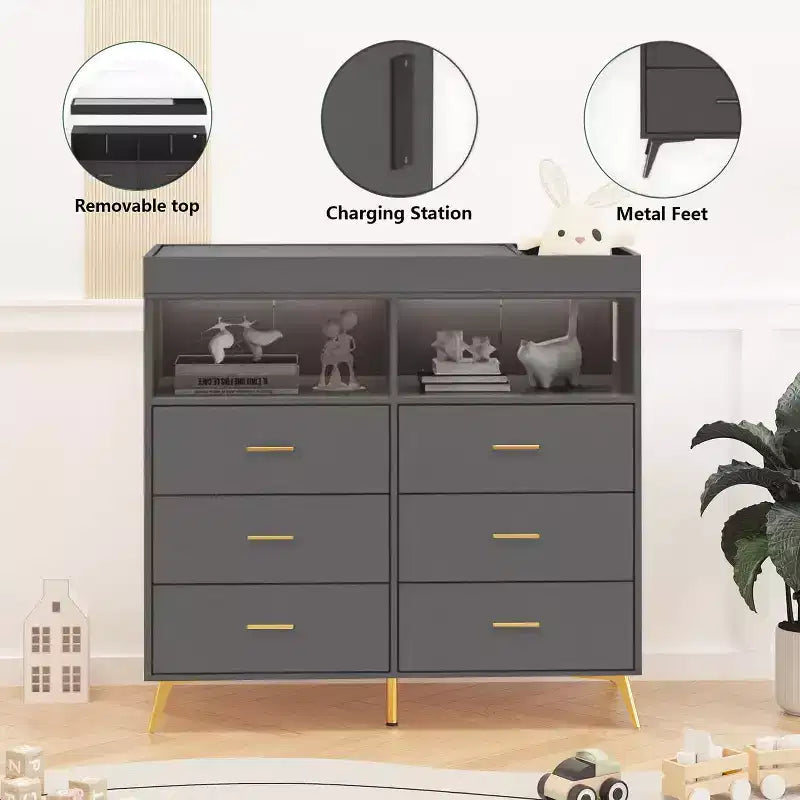 Fasciatoio con cassetti, cassettiera per neonati con fasciatoio superiore, presa di corrente, luce LED e piedini in metallo, stazione per il cambio pannolini