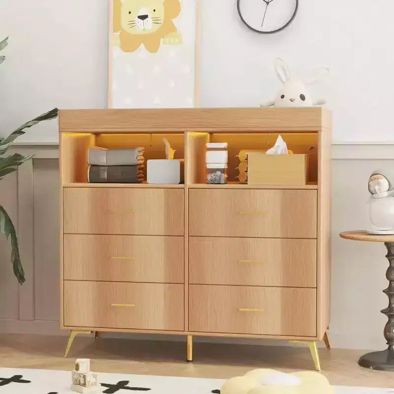 Fasciatoio con cassetti, cassettiera per neonati con fasciatoio superiore, presa di corrente, luce LED e piedini in metallo, stazione per il cambio pannolini