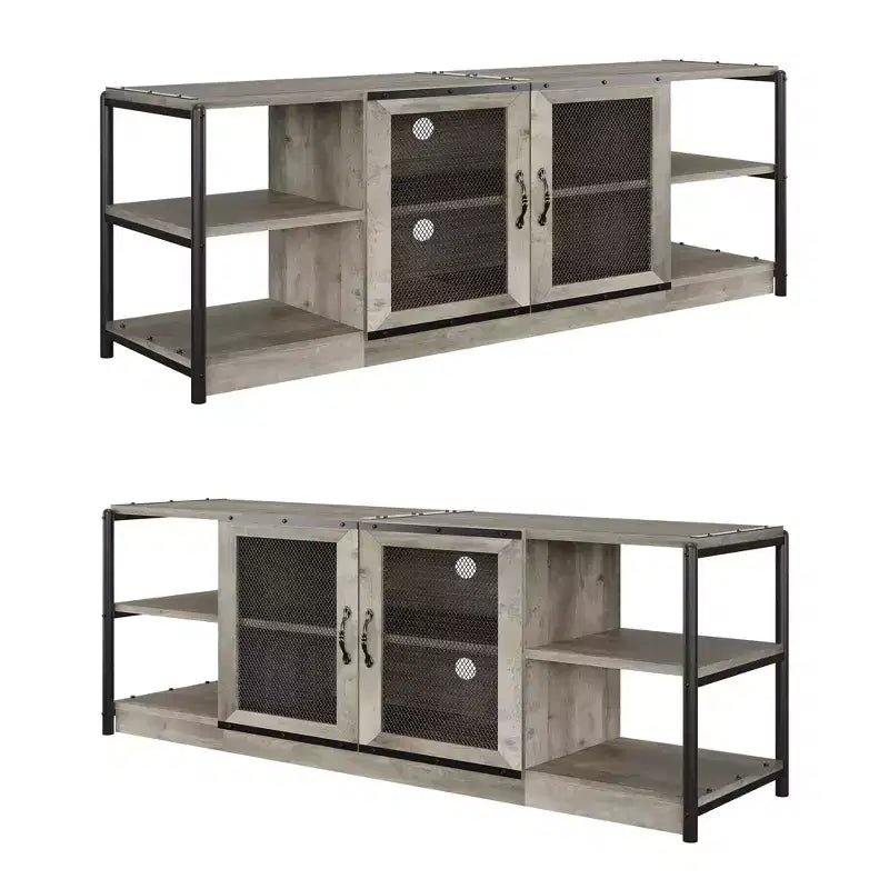 Centro di intrattenimento industriale con mobile contenitore e 2 ante a rete, porta TV a 2 livelli con console TV rustica in legno