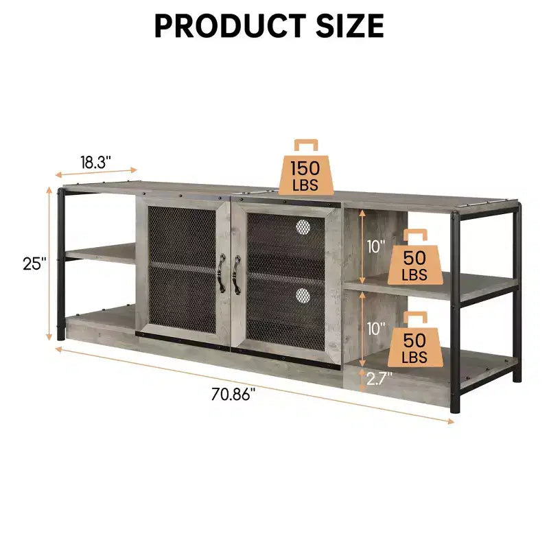 Centro di intrattenimento industriale con mobile contenitore e 2 ante a rete, porta TV a 2 livelli con console TV rustica in legno