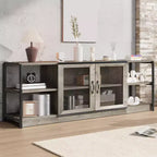 Centro di intrattenimento industriale con mobile contenitore e 2 ante a rete, porta TV a 2 livelli con console TV rustica in legno