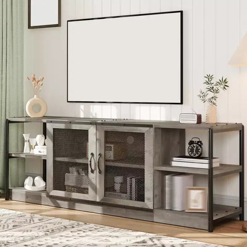 Centro di intrattenimento industriale con mobile contenitore e 2 ante a rete, porta TV a 2 livelli con console TV rustica in legno