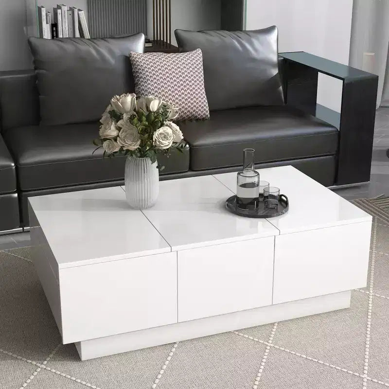 Tavolino da cocktail rettangolare allungabile con 4 cassetti, vano contenitore nascosto e piano scorrevole lucido UV