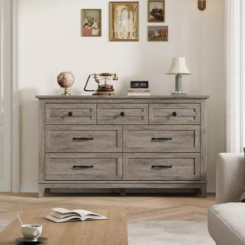 7 cassetti per camera da letto, cassettiera da 137 cm di larghezza con cassetti portaoggetti, mobile contenitore in legno indipendente