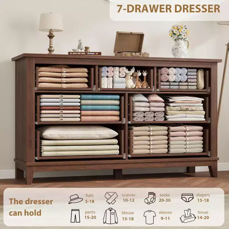 7 cassetti per camera da letto, cassettiera da 137 cm di larghezza con cassetti portaoggetti, mobile contenitore in legno indipendente