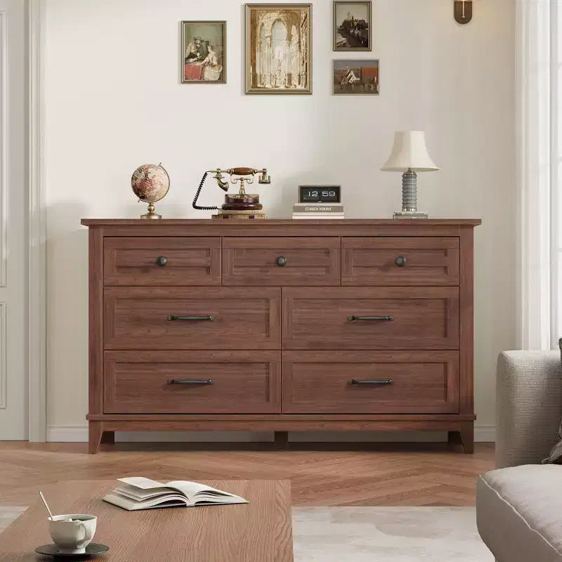 7 cassetti per camera da letto, cassettiera da 137 cm di larghezza con cassetti portaoggetti, mobile contenitore in legno indipendente