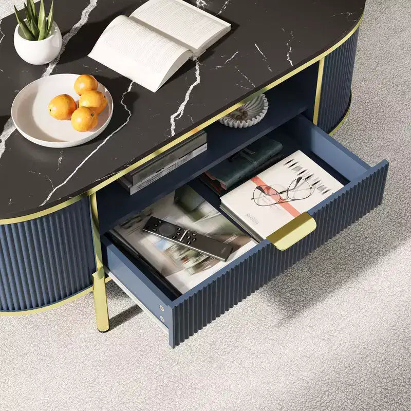 Tavolino da caffè con motivo a onda rotonda, con cassetto, per soggiorno, gambe in metallo dorato,
