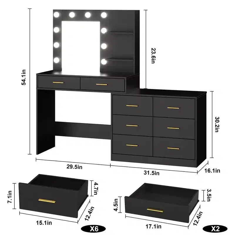 Coiffeuse de 61 po avec miroir et lumière, comprenant 8 tiroirs de rangement et 2 étagères, 3 modes d'éclairage et une luminosité réglable. Coiffeuse de chambre.
