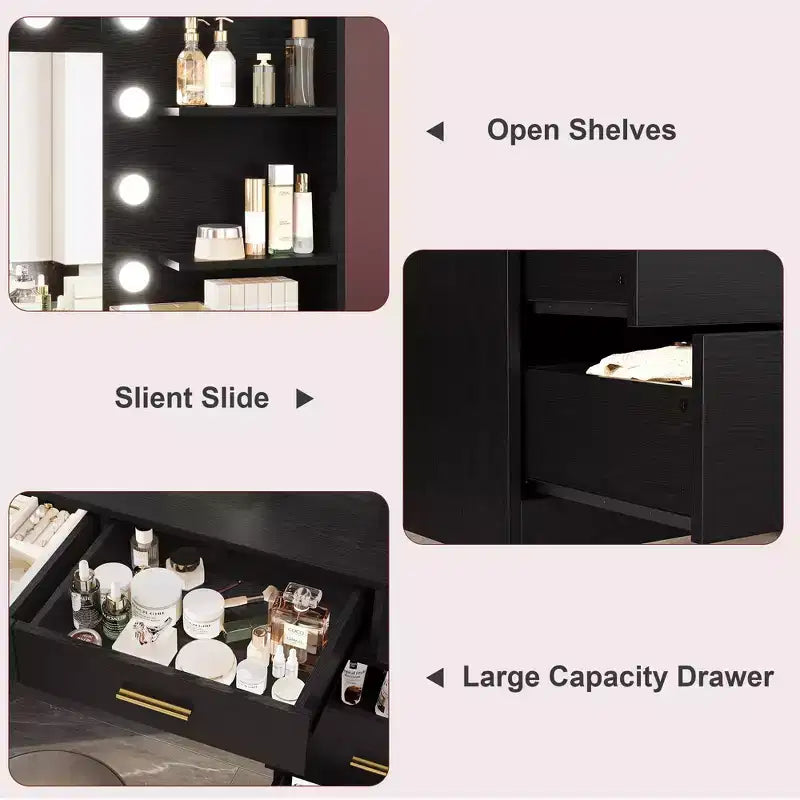 Coiffeuse de 61 po avec miroir et lumière, comprenant 8 tiroirs de rangement et 2 étagères, 3 modes d'éclairage et une luminosité réglable. Coiffeuse de chambre.