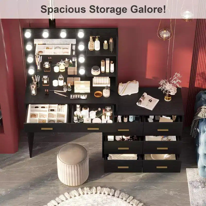 Coiffeuse de 61 po avec miroir et lumière, comprenant 8 tiroirs de rangement et 2 étagères, 3 modes d'éclairage et une luminosité réglable. Coiffeuse de chambre.