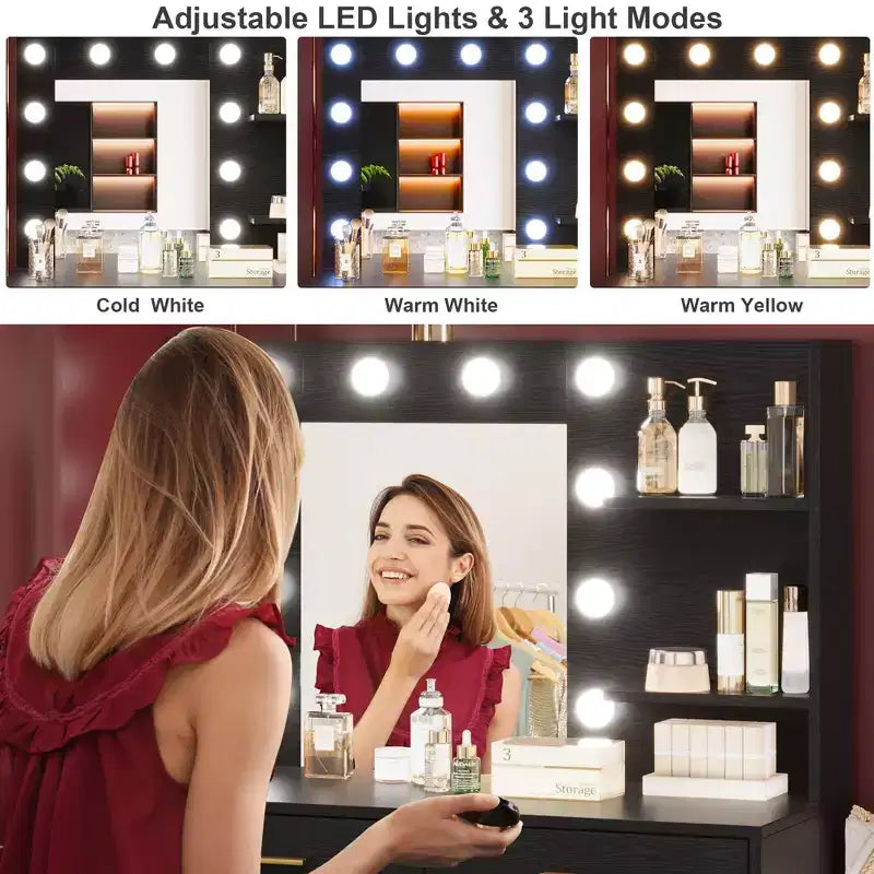 Coiffeuse de 61 po avec miroir et lumière, comprenant 8 tiroirs de rangement et 2 étagères, 3 modes d'éclairage et une luminosité réglable. Coiffeuse de chambre.