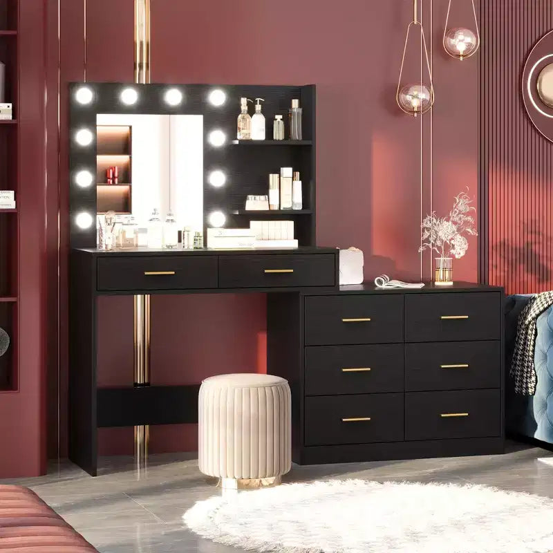 Coiffeuse de 61 po avec miroir et lumière, comprenant 8 tiroirs de rangement et 2 étagères, 3 modes d'éclairage et une luminosité réglable. Coiffeuse de chambre.