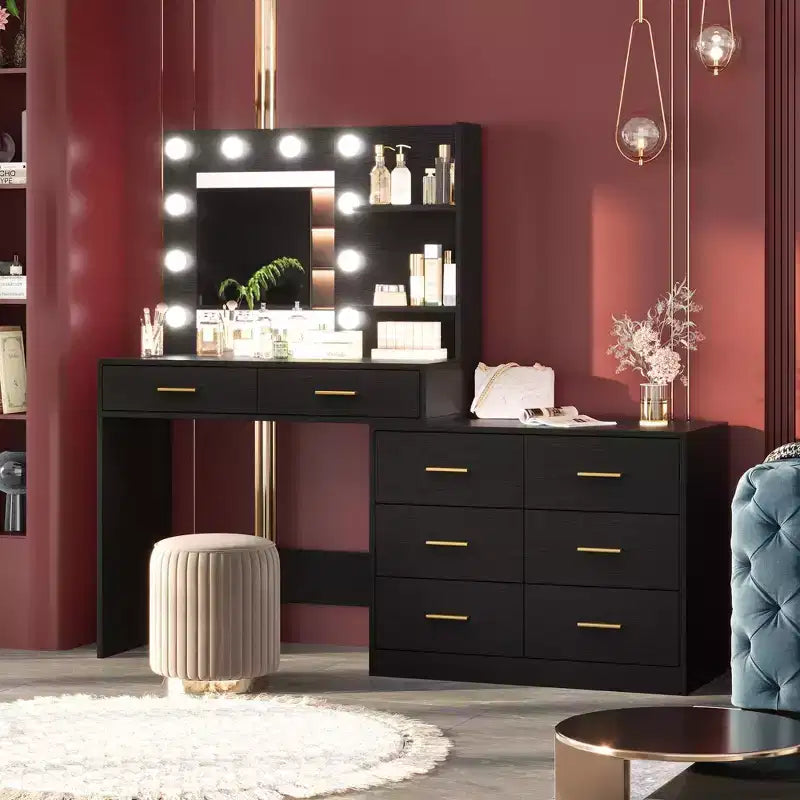 Coiffeuse de 61 po avec miroir et lumière, comprenant 8 tiroirs de rangement et 2 étagères, 3 modes d'éclairage et une luminosité réglable. Coiffeuse de chambre.