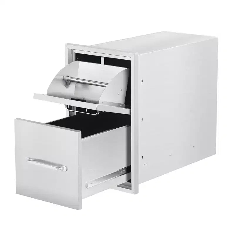 3 Layer Outdoor Kitchen Drawers with Paper Towel Holder - Stainless Steel Flush Mount Kitchen Access Drawer with Grooved Handle