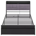 Full-size bed frame with a headboard featuring a shelf, storage functionality, two drawers, and a charging station, no bed box needed.