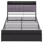 Full-size bed frame with a headboard featuring a shelf, storage functionality, two drawers, and a charging station, no bed box needed.