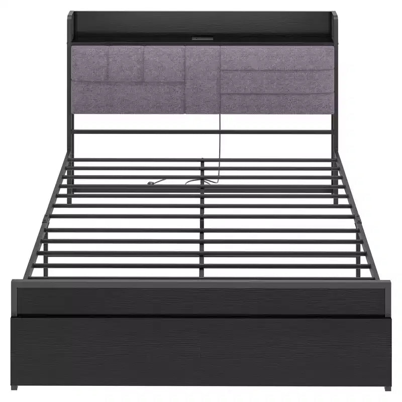 Full-size bed frame with a headboard featuring a shelf, storage functionality, two drawers, and a charging station, no bed box needed.