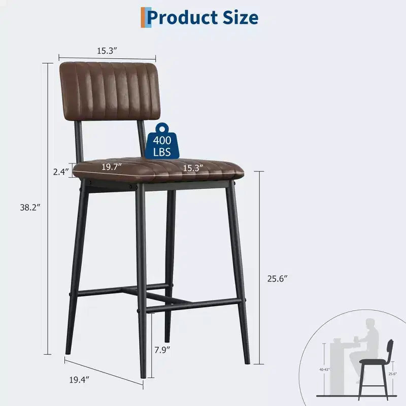 Lot de 2 tabourets de bar hauteur comptoir, tabourets de cuisine rembourrés avec dossier et repose-pieds, tabourets de bar en similicuir pour îlot de cuisine