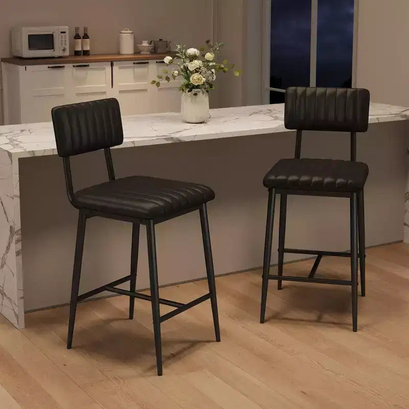 Counter Height Bar Stools Set of 2, Upholstered Kitchen Counter Stools with Backrest & Footrest, Faux Leather Bar Stools for Kitchen Island