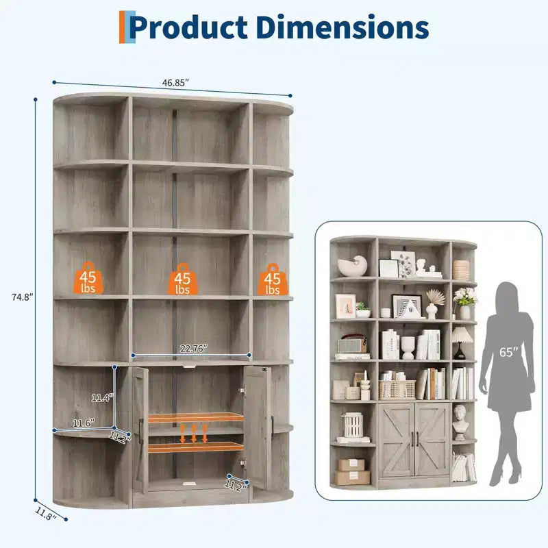 Libreria a 6 Ripiani con Armadietto e Scaffali Aperti, Scaffale Moderno Stile Fattoria Alto 190cm, Organizer a 3 Sezioni Largo 120cm