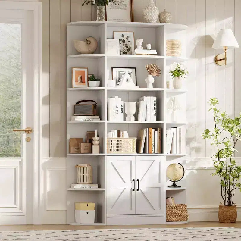 Libreria a 6 Ripiani con Armadietto e Scaffali Aperti, Scaffale Moderno Stile Fattoria Alto 190cm, Organizer a 3 Sezioni Largo 120cm