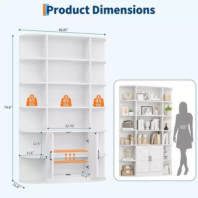 Libreria a 6 Ripiani con Armadietto e Scaffali Aperti, Scaffale Moderno Stile Fattoria Alto 190cm, Organizer a 3 Sezioni Largo 120cm