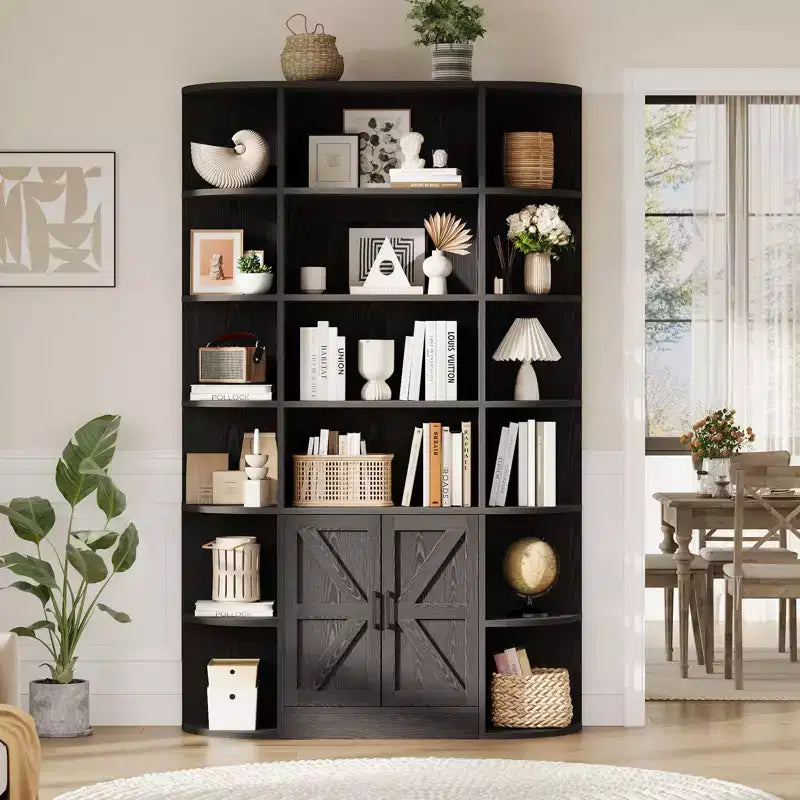 Libreria a 6 Ripiani con Armadietto e Scaffali Aperti, Scaffale Moderno Stile Fattoria Alto 190cm, Organizer a 3 Sezioni Largo 120cm