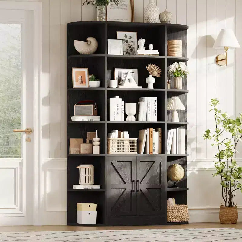 Libreria a 6 Ripiani con Armadietto e Scaffali Aperti, Scaffale Moderno Stile Fattoria Alto 190cm, Organizer a 3 Sezioni Largo 120cm