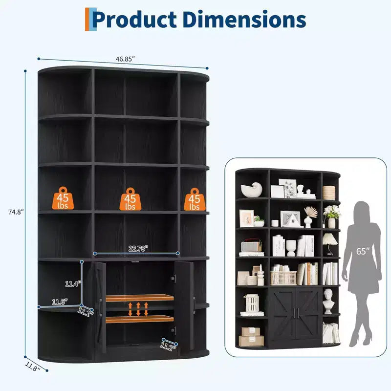 Libreria a 6 Ripiani con Armadietto e Scaffali Aperti, Scaffale Moderno Stile Fattoria Alto 190cm, Organizer a 3 Sezioni Largo 120cm