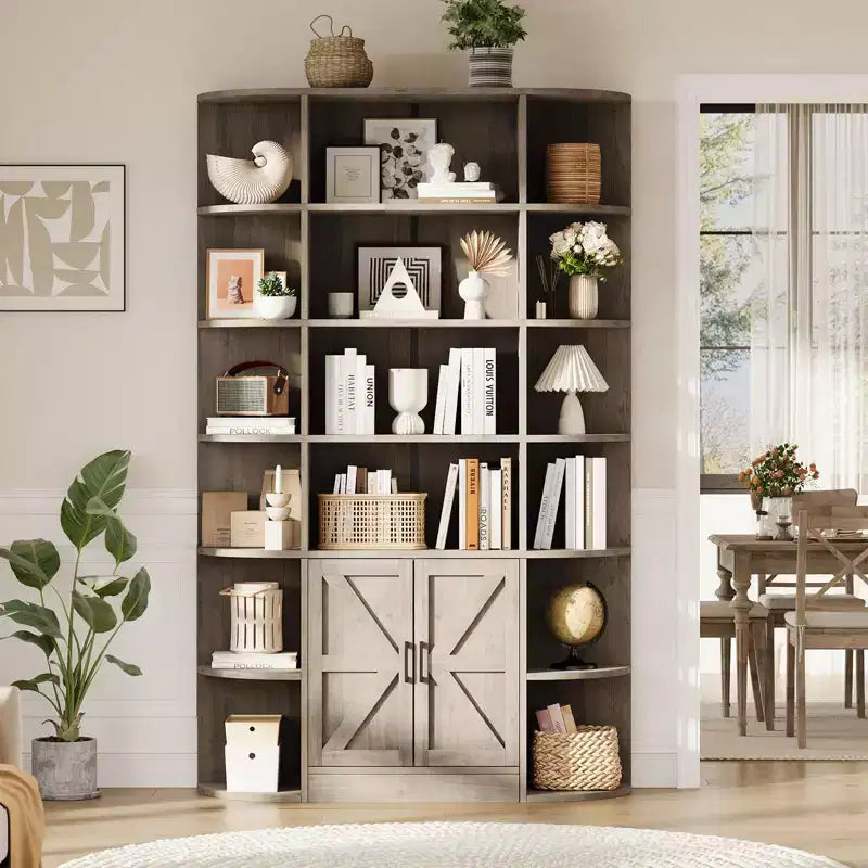 Libreria a 6 Ripiani con Armadietto e Scaffali Aperti, Scaffale Moderno Stile Fattoria Alto 190cm, Organizer a 3 Sezioni Largo 120cm