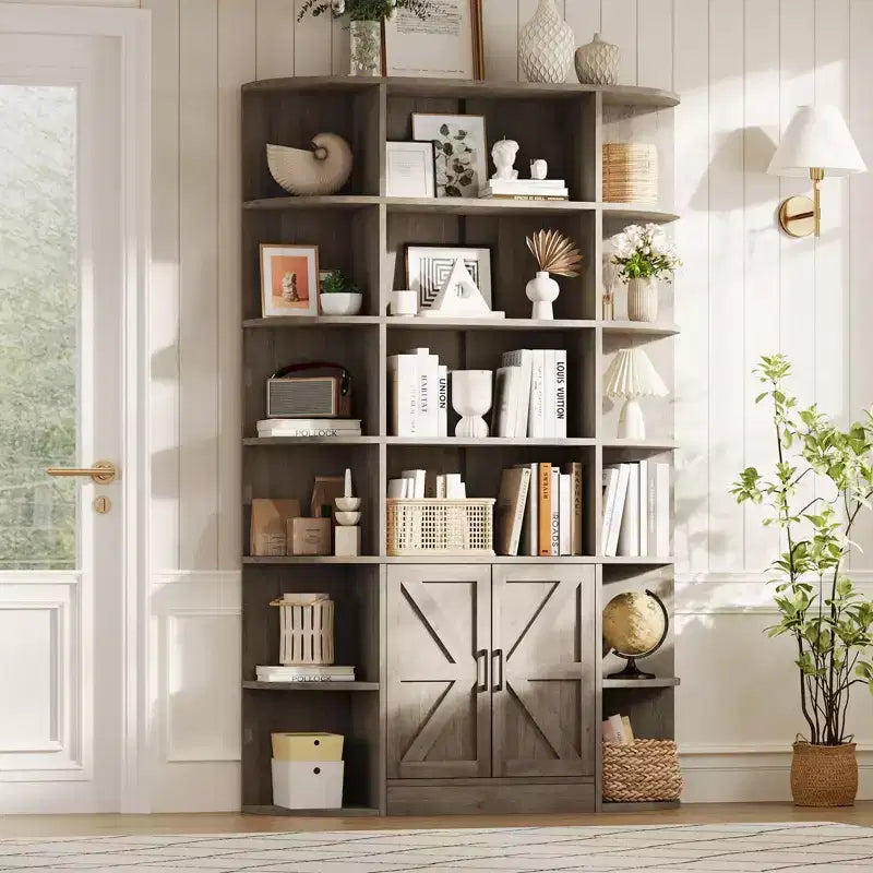 Libreria a 6 Ripiani con Armadietto e Scaffali Aperti, Scaffale Moderno Stile Fattoria Alto 190cm, Organizer a 3 Sezioni Largo 120cm