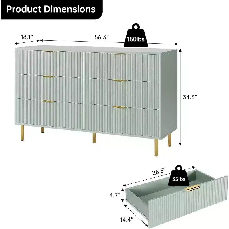 Cassettiera a sei cassetti, mobile contenitore moderno in legno con maniglie in metallo dorato e meccanismo anti-ribaltamento, adatta per camere da letto, soggiorni.