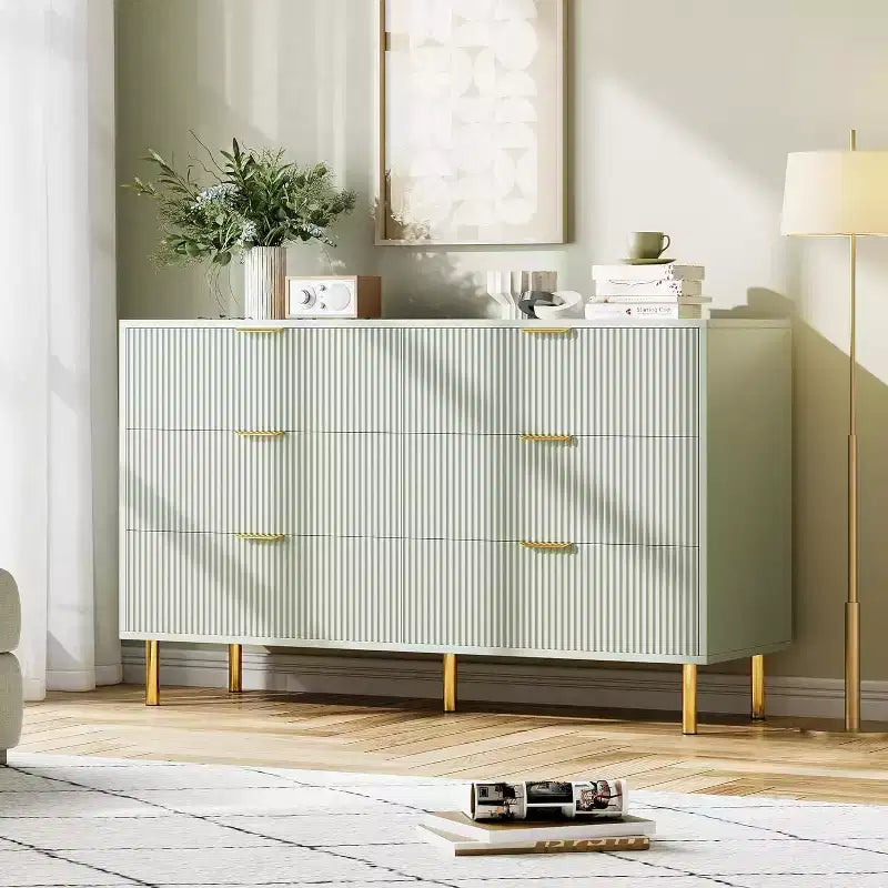 Cassettiera a sei cassetti, mobile contenitore moderno in legno con maniglie in metallo dorato e meccanismo anti-ribaltamento, adatta per camere da letto, soggiorni.