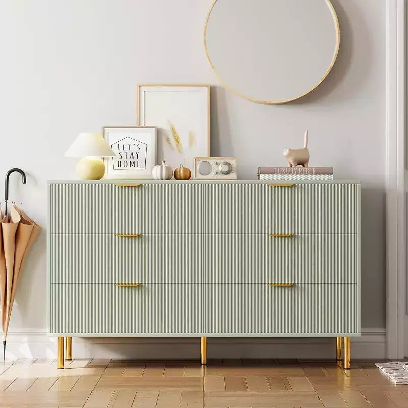 Cassettiera a sei cassetti, mobile contenitore moderno in legno con maniglie in metallo dorato e meccanismo anti-ribaltamento, adatta per camere da letto, soggiorni.